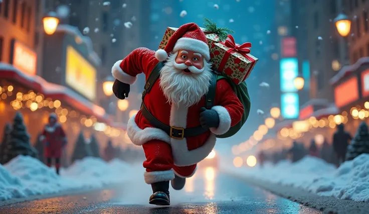 Santa、 Christmas、Cheerful、run、Carrying a bag of presents 、night、City lights、smile、 movie adaptation