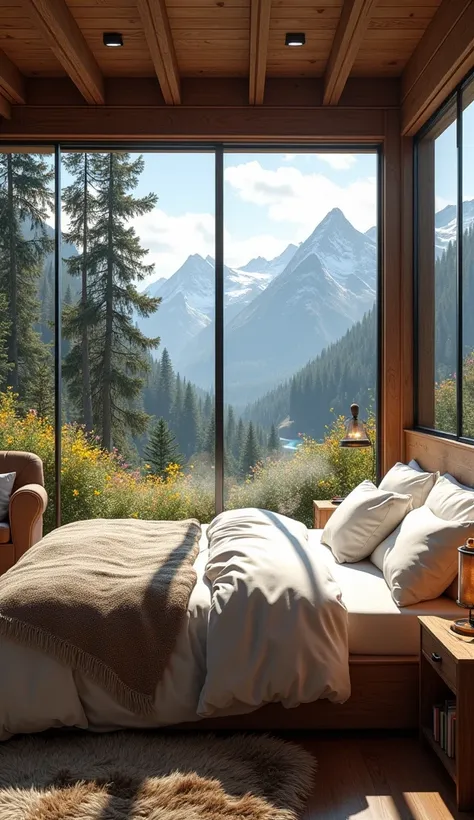 Create a hyper-realistic image of a cozy bedroom nestled in the heart of a majestic mountain landscape. The room features large, floor-to-ceiling windows that showcase breathtaking views of towering mountains, lush valleys, and a clear blue sky. The interi...