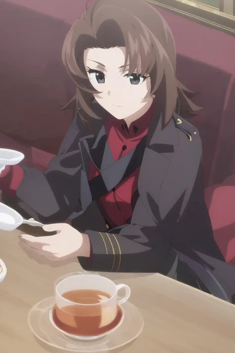 Anime style, anime screensnap
1boy,  brown hair,  medium length hair,  Sloppy hairstyle ,  Shoulder-length hair,  Black eyes ,  red shirt, black jacket, black trousers, black shoulder coat. Sits on the couch. tea in a transparent cup, table, red sofa
Top v...