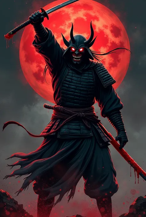 A samurai holding a dripping blood katana for t shirts with wearing a devil mask holding a katana in the left hand mid air