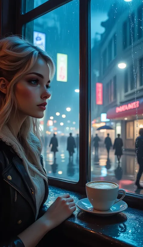  woman looking out the window with a cup of coffee ,  sees people walking with umbrellas down the street illuminated by a lantern,  torrential rain , puddles on the street , The glass has drops of water falling , chiaroscuro, cinematic lighting, UHD, Retin...