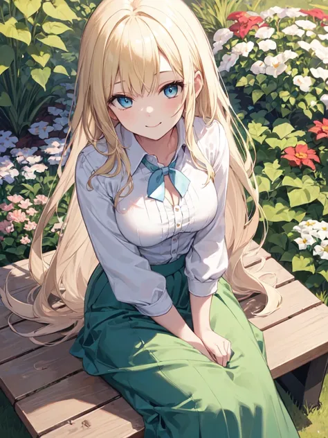 Shot from above, 1 girl, solo, Blonde,  long hair, Straight Hair, Beautiful breasts, medium chest , white blouse, green skirt, Long Skirt , blue eyes, Droopy eyes, Looking up, close her mouth, smiles, Seductive Smile , sitting on a bench, high definition ,...