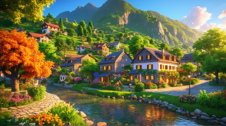 a small village by the river, mountains in the background, floral flowers colorful, detailed landscape, Beautiful natural landscapes, atmospheric lighting, scorching sunset, warm colours, practical, photopractical, Detailed Foliage, complex buildings, cobb...