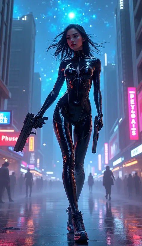 A girl in black and blue latex dancer outfit , cyber gun on hips , square face girl, cyber city , cosmic 
