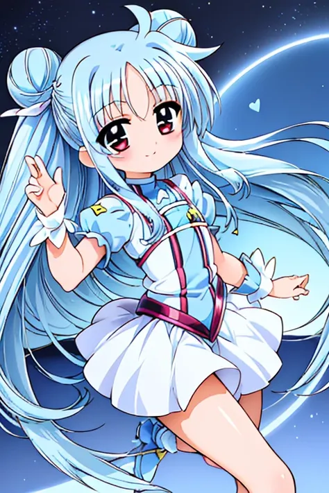 (((Pretty Cure · Light blue cloth costume · Fate · cool pose · skirt · anime · smile · heart hair ornament · light blue hair · long hair · bun head · hair long to legs)))