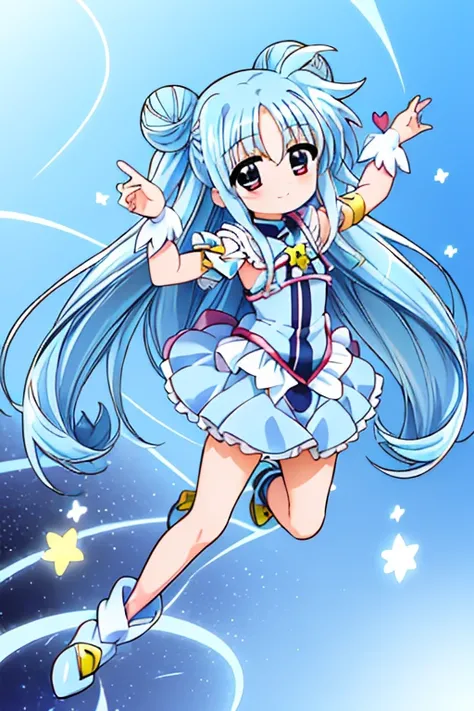 (((Pretty Cure · Light blue cloth costume · Fate · cool pose · skirt · anime · smile · heart hair ornament · light blue hair · long hair · bun head · hair long to legs)))