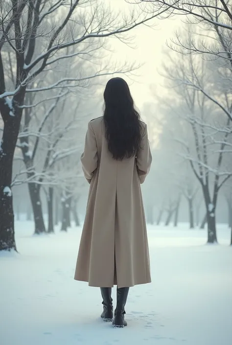 Street trees are snowy scenery 、 A beautiful woman with long dark hair is standing。Wearing a long beige coat、 wearing boots 。Full body。