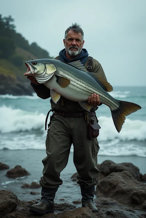 The man is holding a big fish