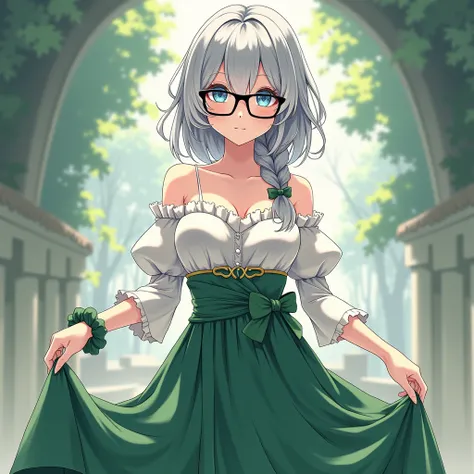 Art style: The Eminence in Shadows anime
Gender: Female
Hair style: Medium silver hair with a braid on the left her hair
Eyes: Blue eyes
Clothes: a green and white off-shoulder dress with frilled accents, featuring a white halter-style inner layer for cont...