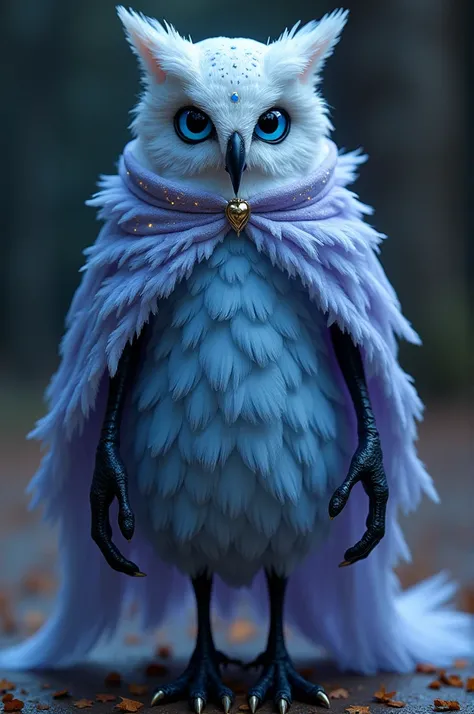  Feathers in blue tones ,black beak , sky blue eyes ,  black arms and hands ,  4 fingers ,  long black owl feet .  Light blue and light purple dress on it , night colors and a cape with stars on it 