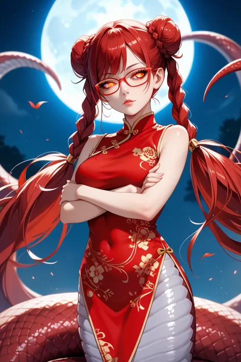 1girl,best quality,ultra detailed,((red glasses)),red hair,red eyes,slit pupil,double bun,long twintails,twin braids,Qipao,cheongsam,beautiful face,
devil eyes,glowing eyes,looking away,head tilt,(red lamia),short tail,monster girl,glamorous,full moon,cros...