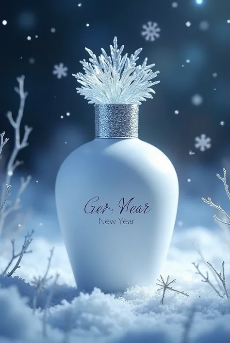 Create a perfume white matte bottle design inspired by winter magic and New Year’s charm. The cap should resemble a frozen branch or a crystal element, enhancing the feeling of winter enchantments  silver accents. Add delicate stars to create the effect of...