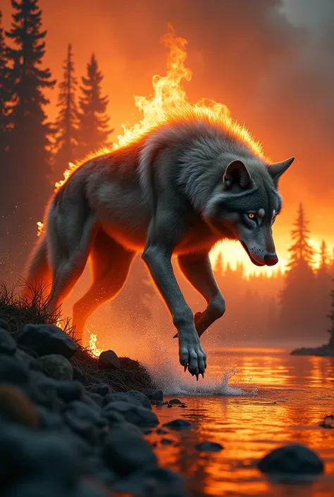 A huge gray werewolf wolf leaps from a mountain into a lake, the forest burning behind him, his fur ablaze with flickering flames. The intense heat emphasizes the distinct contours of his muscular werewolf body, contrasting with the charred landscape behin...