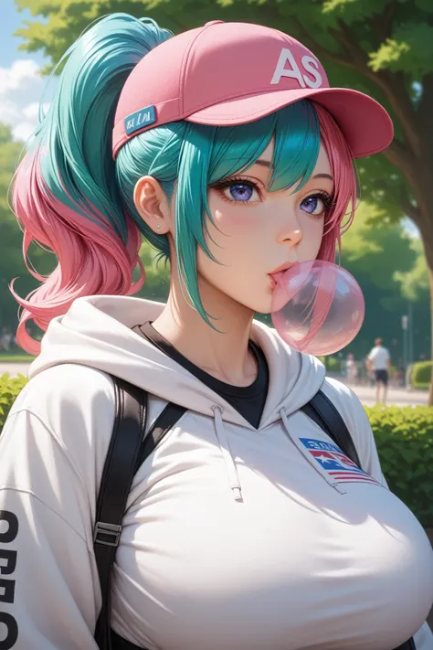 score_9, score_8_up, score_7_up,((masterpiece)), (( best quality)), (( high definition )), anime, white hoodie,black tube top,big breast,pink cap , Clear Focus : 1.2,  a Japanese idol ,((ash color hair,ponytail Hair: 1.2)) ,in park,puffing up huge bubble g...