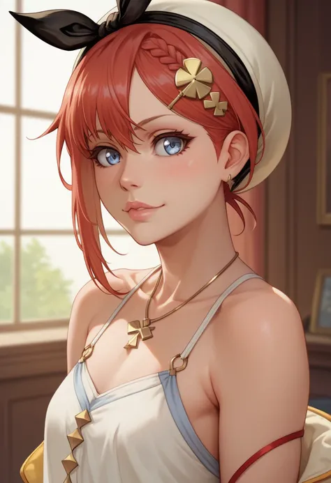 Reisalin Stout (Atelier Ryza) with long red hair and large blue eyes. Loli flat chest. Modern casual outift. (Bleach art style)