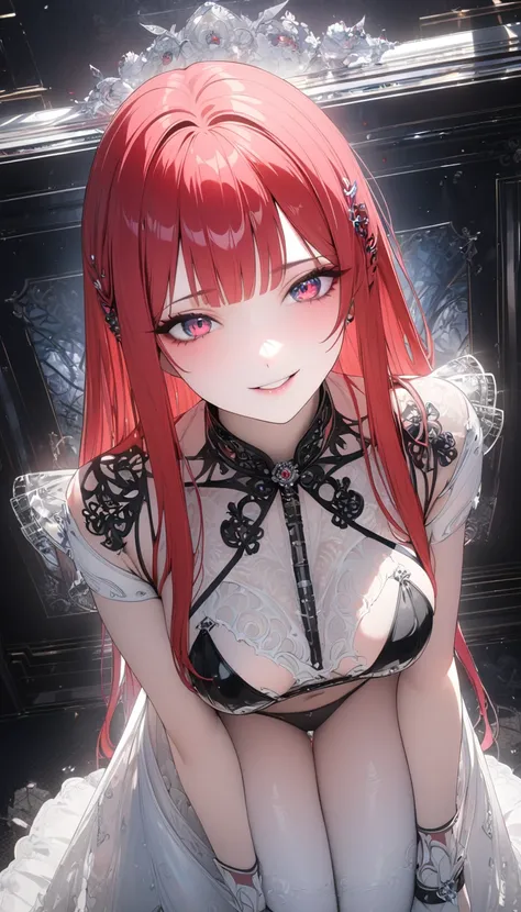 ((Red Gloomy Hair Color ))、(( long hair))、(( Bangs Split Hair ))(( Punk Gothic Clothes ))、( Thin Black Panties),( full body)、((Medium breast))(( full body))、(( Background Stylish Room ))) OuterWorldAI, (realistic ultra details)((bewitching smile )) backgro...