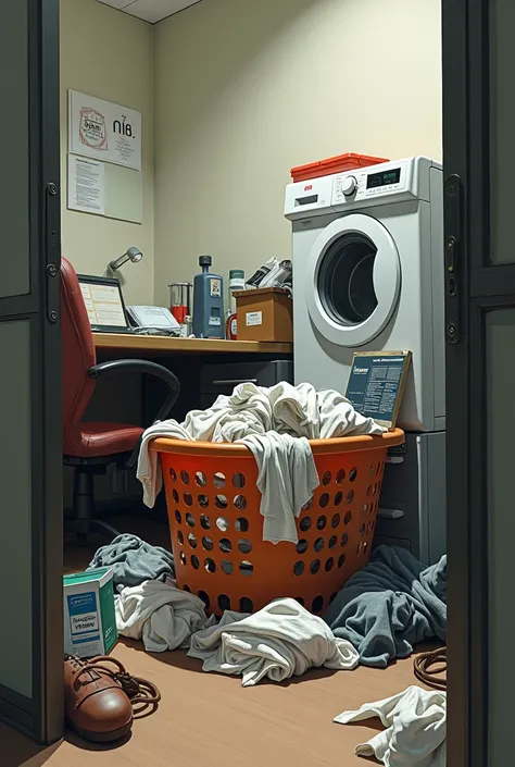 *  Draw a situation where in a cubicle ,  there is a basket full of clothes and some of them are dropped to the floor.  On the edge of the basket there is a box of laundry soap .  the laundry basket is close to a washing machine . Based on the given situat...