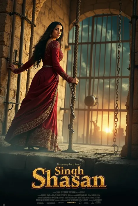 Bollywood movie poster titled "SINGH SHAASAN" bollywood movie poster showcasing Princess Amara in a full-body pose, she is a mid age beautiful and stunning looking indian princess dressed in traditinal indian red dark medieval attire standing inside a diml...