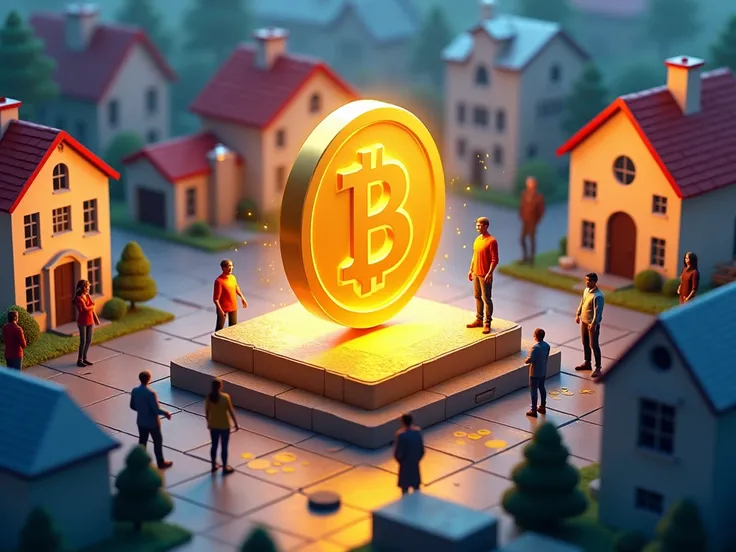  people sell real estate online, with houses ,  digital goods ,  and in the center of the picture the gold coin glows, and next to the coin is BARTER.team
