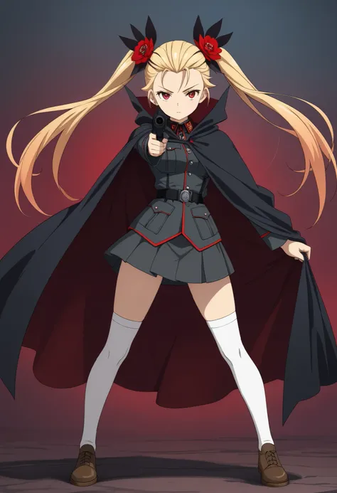 (masterpiece), Highest quality, 4k, ((Anime Style)), ((ultra-detailed)), 1girl, vampire, (butter blonde hair, long twintail hair:1.3). (slicked back hair:1.3), (Red flower hair ornament), (Red eyes), medium breast, (German military uniforms), (Black cloak ...