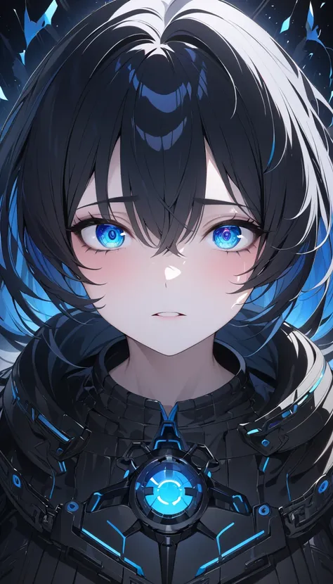 (( BLUE FLAME EFFECT ON THE RIGHT EYE)、 BLACK BIKINI 、 black jacket 、 pants、Black Sword、I have a 、 CHAIN EFFECT 、Black Haired Tweetail ,( Hatsune Miku )(( Black Rock Shooter)) (EyesHD:1.2), masterpiece, best quality, ultra-detailed, sharp focus, High-defin...