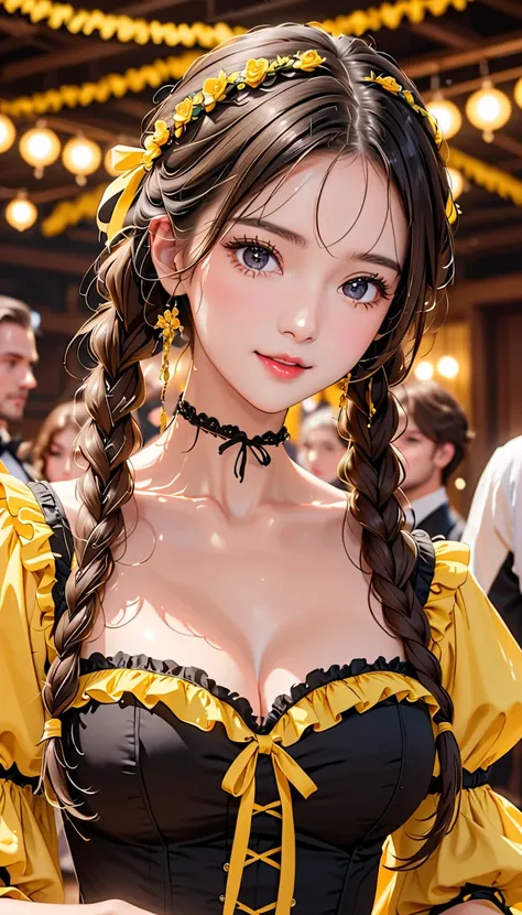 Top quality, super reality, 4K, beautiful woman photo, delicate face, black messy fishtail braid, fancy clothes with lots of yellow frills and ribbons, dance hall, cute face, charming appearance,  looking at the audience, upper body