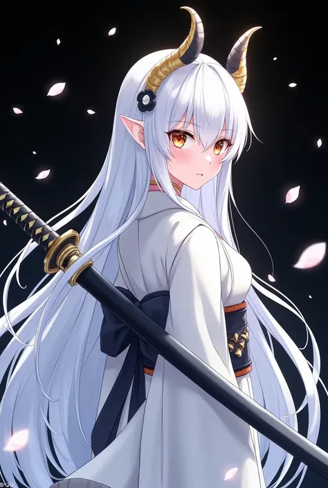  the face is very transparent. 。Wearing a white kimono、It&#39;s very transparent。 She is carrying an elegant black sword on her back. 、 demonstrating her strength. 。Also、 hairstyle that reflects white light is straight long hair、The 。 and a mixture of gold...