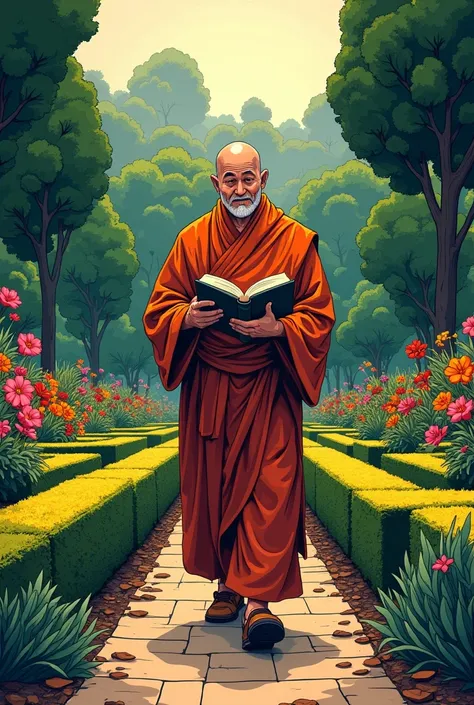 /imagine prompt:  Thick line style illustration of a monk walking through a garden maze ,  while reading a big book .  The monk is dressed in traditional tunics ,  his expression is one of deep concentration .  Vibrant background with a Labyrinth of well-t...