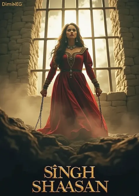 Bollywood movie poster titled "SINGH SHAASAN" bollywood movie poster showcasing Princess Amara in a full-body pose, she is a mid age beautiful and stunning looking indian princess dressed in traditinal indian red dark medieval attire standing inside a diml...