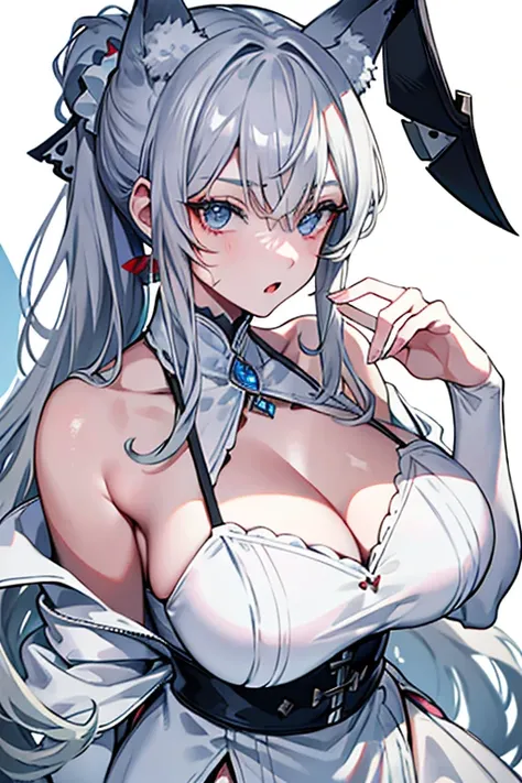 best qualtiy，tmasterpiece，The is very detailed，4K，Gray hair and shallow eyes，Drag cool expressions，Wolf ears，Erect scar on the left eye，British style，1girl，Absolutely beautiful, huge breasts, white costume, animal ear Scrunchie