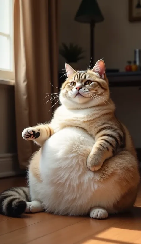 Five fat cat sitting on a wooden floor, has a jiggly fat round belly, chonker five cat,belly is fat and round, five fat cat, fivefat cat on desk, extremely plump, obese ), happy wise. he has bouncy belly, thicc, fat belly, extremely fat, an obese, whole ca...