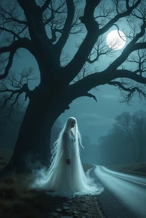 create a woman with long hair until the ground in white dress standing under a big scary tree by the shoulder of the road in the middle of the night. Scary atmosphere