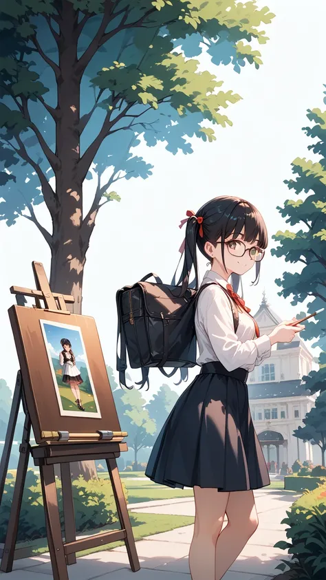 Girl with black hair, pigtails, glasses and easel painting in the park