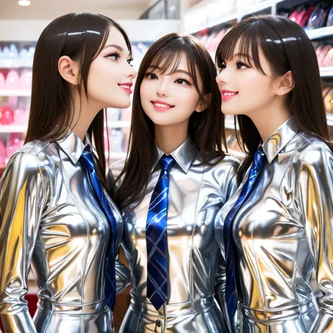 3 girls in extremely tight shiny latex blouse buttoned, Necktie,Lens reflection,  reflecting light , Are in the store , smile, kiss