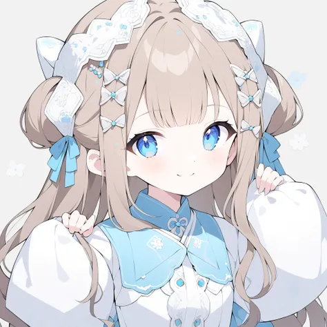 The background is white。Smiling girl。 I have blue eyes and long brown hair。The costume is white and has long sleeves 。 I have small pearl hairpins on my bangs 。I only wear 2 hairpins 。
