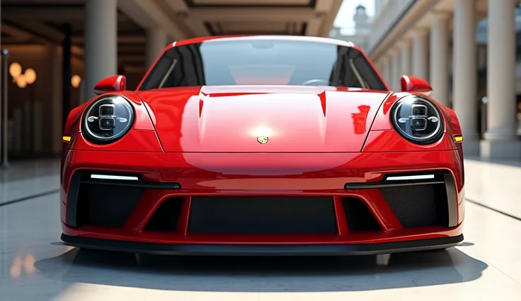 Front view of painted creamy red with shiny clour 2025 Porsche 911  sleek in large shape sedan in large size with Porsche logo on its large detailed grille in shiny red clour with angular sporty design captured from close front view with modified sleek bac...