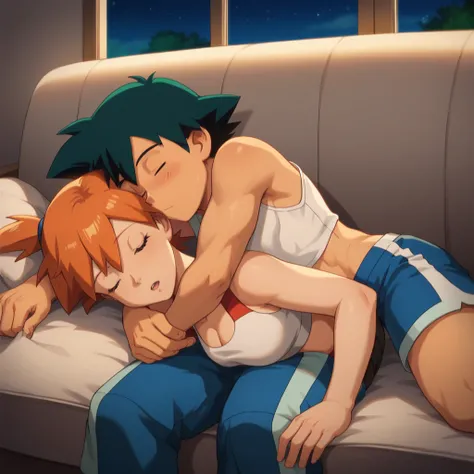 1boy, black hair, short hair, brown eyes, hair between eyes, ash ketchum, men shorts, shirtless, handsome boy, macho, good looking boy, lying relaxing in a bed, in a bedroom 1girl, orange hair, side ponytail, green eyes, misty pokemon, white crop top, shor...