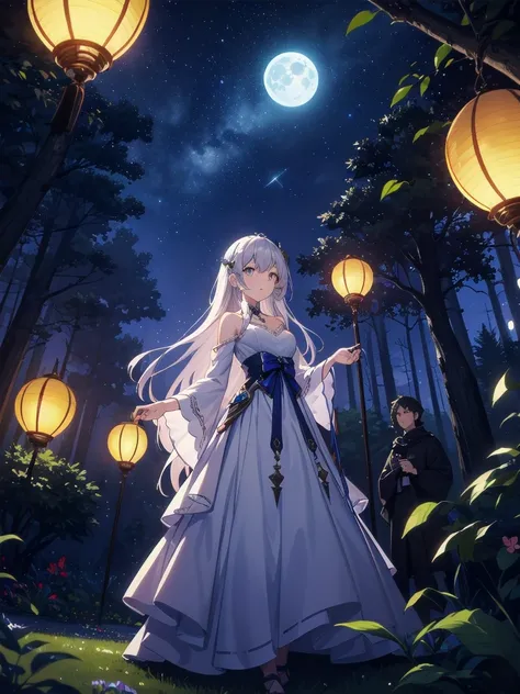 Ultra-high-resolution, magical atmosphere, vibrant colors, dynamic lighting. BREAK Girl with long silver hair, emerald eyes, in gown of leaves and flowers. Standing on giant tree branch over mystical forest with floating lanterns, glowing butterflies. Fant...