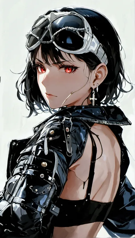 (masterpiece:1.4), (best quality:1.4), (super detailed:1.2), score_9, score_8_up, anime girl with gas mask, black bomber jacket, black studded cap, exposed navel, wide hips, (moderate breasts:1.2), shoulder-length black hair, heavy makeup, glowing red eyes...