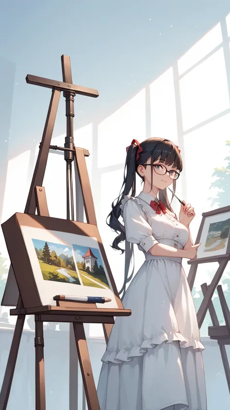 Girl with black hair, pigtails, glasses and easel painting in the park