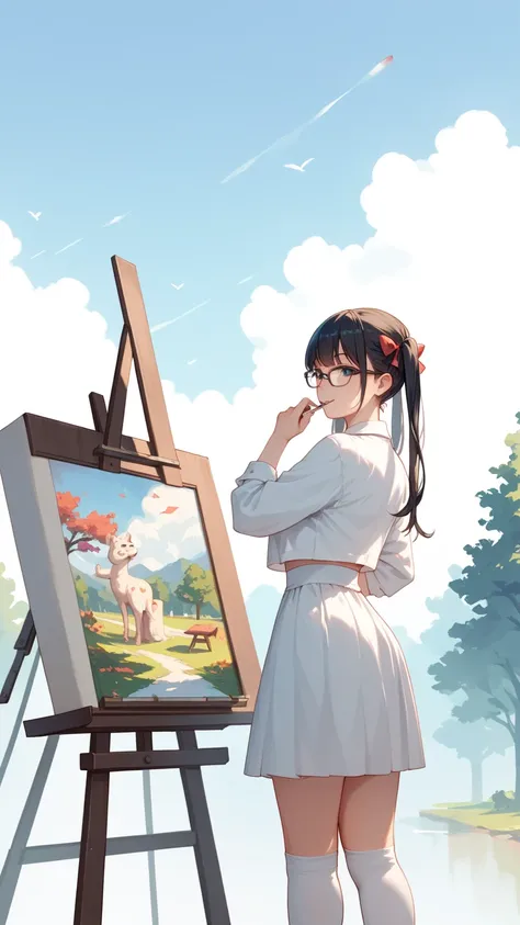 Girl with black hair, pigtails, glasses and easel painting in the park