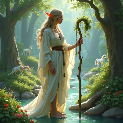 elf. slender.  dressed in white tunic and plant motifs. She is holding a cane with leaves and flowers . Naturaleza. Druid priest . aura of tranquility . ((posing epic )).  clear with flowers . Naturaleza iluminada. ((epic image)).  unicorn with rainbow-col...