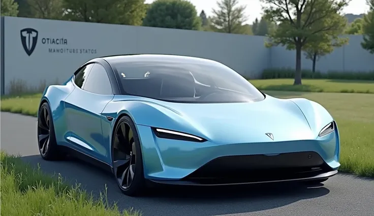 2025 Tesla model Z in lite blue left Side at the road grass with monogram and names of the car writing back wall display 