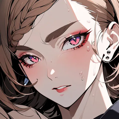 ((masterpiece)), ((best quality)), ((absurdres)), (close up portrait), (prefect face), (exquisite facial features), ((female)), (dancing girl), short eyebrows, lipstick, devil pupils, nervous, medium hair, brown hair, braided bangs, stud earrings