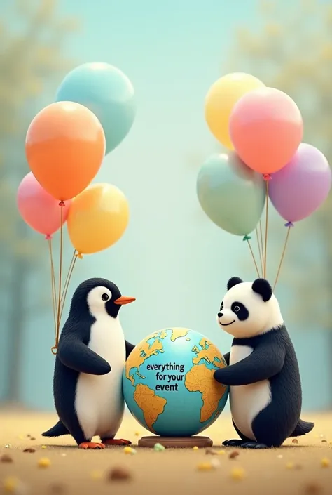  An image with a penguin and a panda that both are holding a balloon and that inside the globe says (everything for your event )