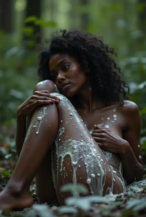 A black woman totally naked, she has a beautiful body, she is lying with her legs up and bent in the forest . She is lying, her thighs, tits and pussy are smeared in a lot of thick white goo dripping, she has thick thighs exposed, and she has nipples expos...