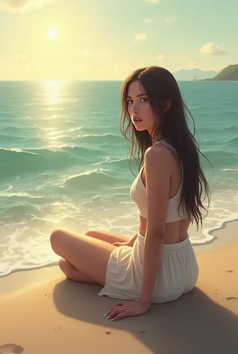 A girl is sitting on the seashore looking very beautiful