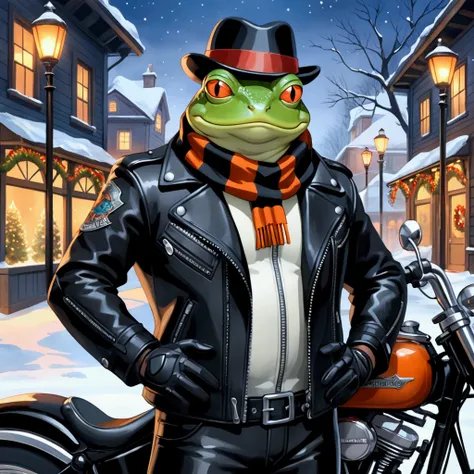 Closeup, Studio Ghibli Cartoon, An extremely badass anthropomorphic light blue and white bullfrog with a bold, stylish look, wearing an insanely cool black leather Harley Davidson biker jacket open with zipper details, black fedora, black leather biker glo...