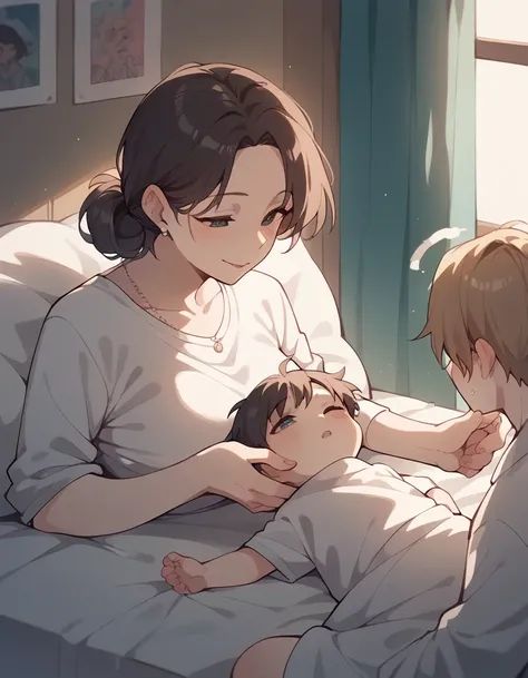 Mom holds the boy and puts it in the baby bed、