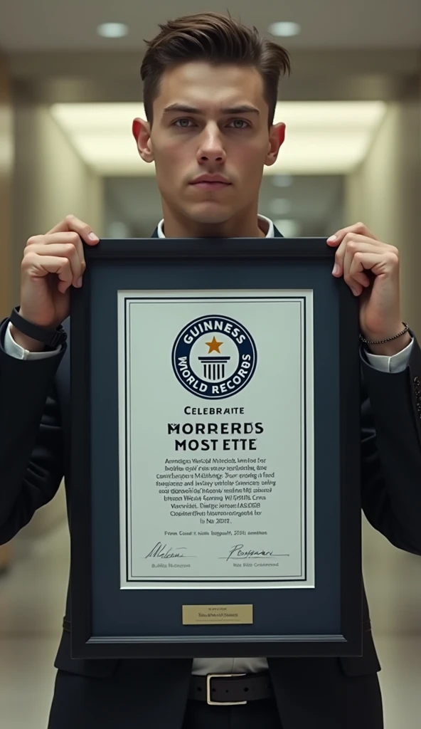 there is a young man holding a poster of guinness world Records, official art, someone mad a world record, no ears, movie promo, movie promotional image, official artwork, official illustration, profile pic, jayison devadas, workers revolution, workers, aw...